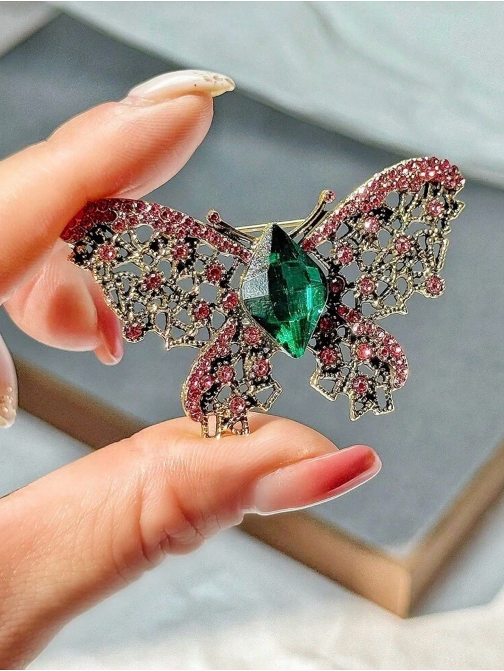 Pink and Green Butterfly Crystal Brooch - Elegant Women’s Jewelry